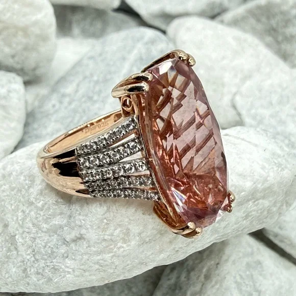 Morganite Cushion Cut Ring Rose Gold Over Sterling CZ Pave Size 7 - Picture 13 of 17